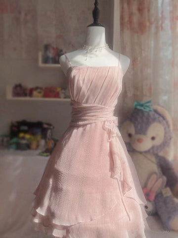 Pink Gentle A Line Spaghetti Strap Chiffon Short Homecoming Dress Cocktail Dress HZ1023